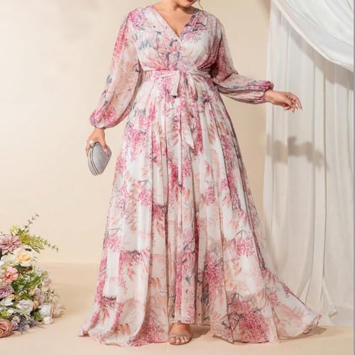 Image of Spring Summer 2024 Plus Size Womens Dresses V Neck Casual Elegant Long Sleeve Floral Print Maxi Dress