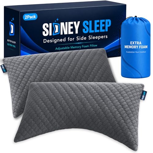 Image of Sidney Sleep Set of 2 Queen Size Bed Pillows for Side and Back Sleepers - Adjustable Filling - Memory Foam Pillows for Neck and Shoulder Pain - Customizable Loft - Extra Foam Included (Grey)