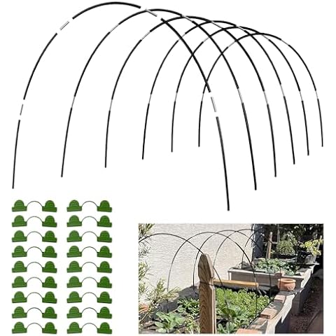 Greenhouse Hoops Grow Tunnel 30 Pcs 16 Inch Up to 6 Sets of 7ft Long Plastic-Coated Rust-Proof Fiberglass Garden Hoops for Raised Beds with 25 Pcs Metal Connect Pipes and 20 Clamps Cover
