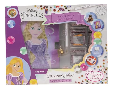CRYSTAL ART - Diamond Diary Kit - Includes: Notebook with Padlock, 2 Keys, Numbered Adhesive Template, Stylus, Glitter Rhinestones - Disney Princess - Rayponce