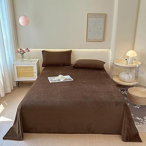 Pangzi Solid Flannel Plush Bedding Sheet Set,Velvety Soft Heavyweight,1 Fitted Sheet, 1 Flat, 2 Pillow Cases - 4 Piece (Twin Extra Long, Coffee) Cover