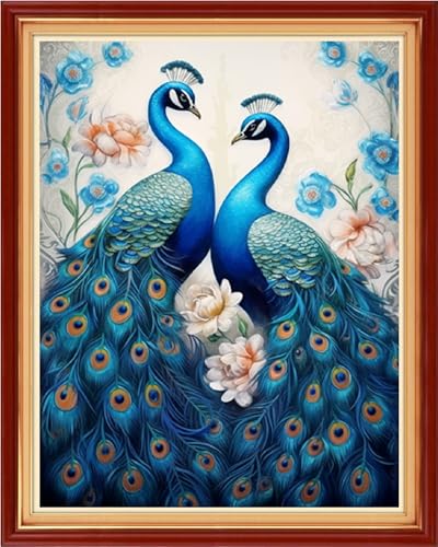 Image of Funchey Stamped Cross Stitch Kits, DIY Cross Stitch Pattern for Adults Beginners Needlepoint Kits Embroidery Kit Arts and Crafts 11CT-Blue Peacock 16x20 inch