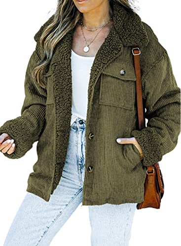 Dokotoo 2025 Fashion Women's Casual Shacket Jacket Warm Autumn Winter Clothing for Women comfy Sherpa Lined Corduroy Coat Button Down Long sleeve Open Front Daily Loose Boyfriend Outwear Green S