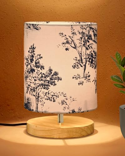 Image of Homesake Pine Table Lamp-Wooden Bedside Lamp Simple Bedroom Light Linen Shade Mini Desk Lamp Nightstand Lamps for Bedroom, Living Room, Gift, (English County)