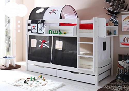 TiCAA Etagenbett, Kinderbett Stockbett für Kinder mit Treppe & Vorhangstoff Zwei Liegeflächen aus Kiefer Massivholz Bettgestell 90 x 200