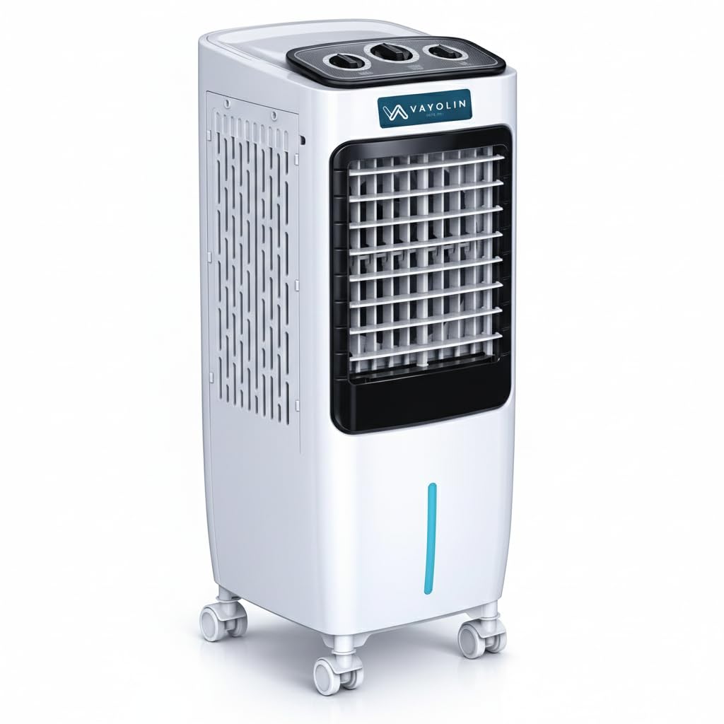 VAYOLIN 14L Bladeless evaporative portable Air Cooler – Small & Powerful with 24 Ft Air Throw, 90W, Ice Chamber, Auto Swing, 3-Side Honeycomb Pads, for Room up to 3500 m³/hr