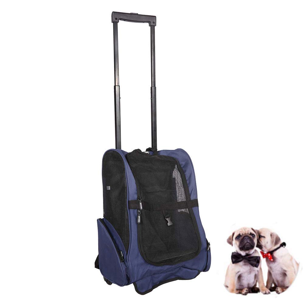 LEMKA Pet Travel Backpack 4-in-1 Bag w/Trolley and Telescopic Handle Portable Stroller Wheel Luggage Bag,Airline Approve for Cat Puppy Dog Carrier-Blue