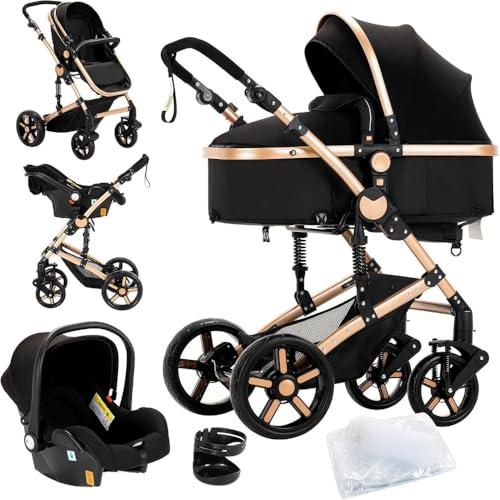 3-en-1 Cochecito de Bebé con Silla de Coche, Cuna de Paisaje Elevado, Toldo Ajustable y Ruedas con Amortiguadores, Marco de Aleación de Aluminio(negro&dorado)