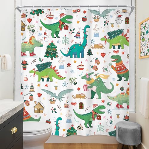 Image of Dinosaur Christmas Green Dino Cartoon Animals Bathroom Shower Curtain Set