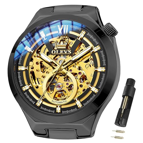 Image of OLEVS Mens Skeleton Watches Automatic Self Winding Mechanical Designer Luxury Dress Stainless Steel Waterproof Original Wrist Watches for Men