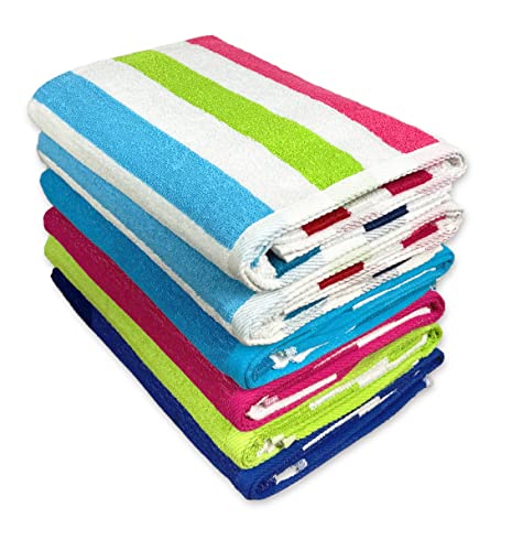 Kaufman - Cabana Stripe Beach/Pool Towel , 6-Pack, 30in x 60in, 100% U.S.A. Cotton, Large Pool Towels Plush and Absorbent Terry Beach Towel. (6)