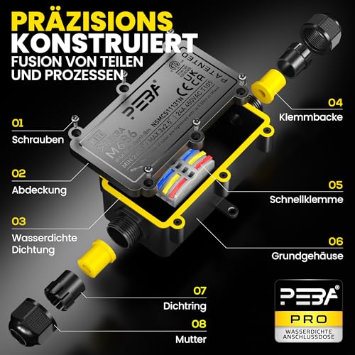 PEBA Abzweigdose,Erdkabel Klemmdose Verbindungsdose, 2 Wege Junction Box, IP68 Wasserdichte Verteilerdose, Kabelverbinder Aussen, Elektrischer Außenverteilerdose, Kabeldurchmesser 4mm-12mm, schwarz