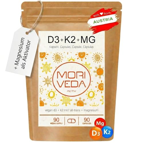 MoriVeda 90 Vitamin D3 K2 Magnesium Wochendepot Kapseln – 7000 I.E. D3 + 200 µg K2 MK7 + 175 mg Mg – Vegan, aus Flechten & Natto