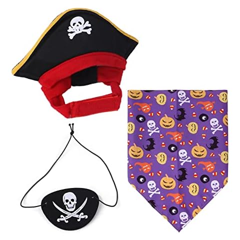 Wbesty 3 Pcs Pet Pirate Costume Halloween for Dogs Cats with Skull Hat, Bandana and Eye-Patch, Halloween Carnival Costume Party Cosplay Dress Up, Purple Cover