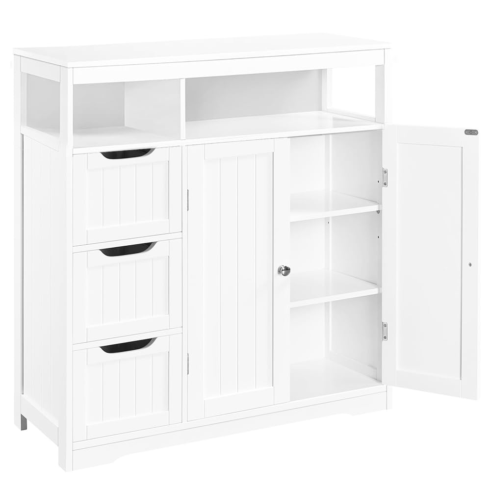 Shally Dogan Mobile da Bagno in Legno Bianco con 3 Cassetti, 2 Ante e 2 Ripiani Salvaspazio, Mobiletto Multiuso da Terra, Armadietto Autoportante per Soggiorno, Cucina, Ufficio, Armadio 80.5x30x86.5cm