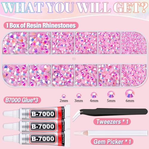Image of Resin Rhinestones for Crafting with 3Pcs 10ml B7000 Jewelry Glue, 1 Box Light Pink AB Flatback Gems Crystals Diamond for Bedazzling Crafts DIY Nail Art Makeup, Gems for Clothing Tumblers Shoes