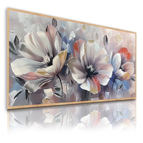 DekoArte - Cuadro Pintado a Mano Naturaleza 140x70 cm FLORAL DREAMS - Cuadros Modernos al Oleo con Marco Color Madera
