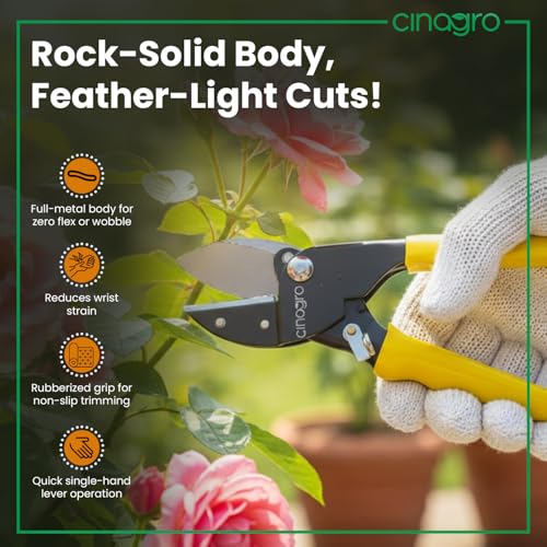 Image of Cinagro 8.5 Inch Anvil Pruner, Ultra Sharp Hardened Steel Blade, Cuts Up to 3 /4 Inch Branches, Garden Hoses or PVC Pipes, Full Metal Body, Anti-Slip Ergonomic Grip, Single-Hand Lever Operation