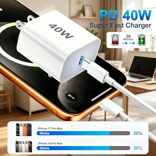 Image of iPhone 17 /Air Charger Fast Charging,[MFi Certified] 40W USB C Power Adapter Wall Charging Block Plug&USB C to C Cable Cord for iPhone 17e /17 Pro Max /16 /16 Plus /16 Pro Max /15 /iPad /AirPods