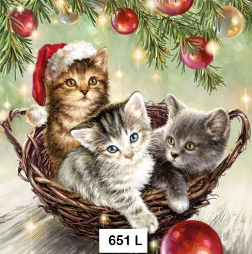 (651) TWO Individual Paper Luncheon Decoupage Napkins - KITTENS BASKET CHRISTMAS
