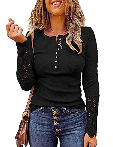 Kancystore Women's Long Sleeve Tops Lace V Neck Button Down Henley Shirts Blouses2