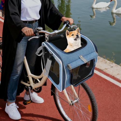 4-In-1 Hundekorb für Fahrrad, Faltbarer Hundefahrradkorb Vorne mit 4-Offenen Türen, 360°-Meshfenster, Roll-Sonnenschutz, Haustier-Reisetasche, Hunderucksack für Katzen & kleine Hunde