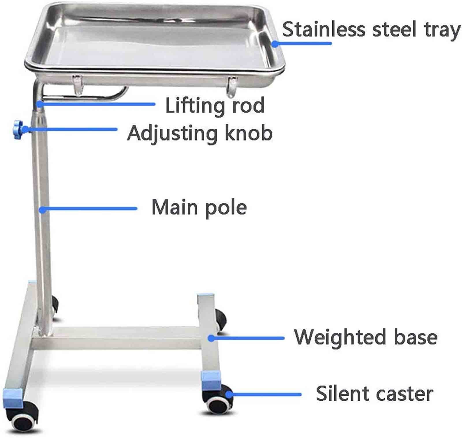 Carro quirúrgico, bandeja de acero inoxidable desmontable de altura ajustable con cubierta plana para instrumentos y suministros, equipo de transporte móvil