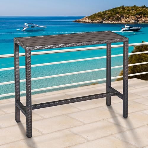 Outdoor Bar Table Patio Counter Height Table 45" Long Wicker High Top Pub Table Tall Console Table Rectangle Narrow with Adjustable Feet for Hot Tub Balcony Garden Outside Pool Deck Backyard Brown