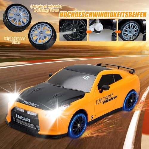 Image of Rc Drift Remote Control Car 1:24 Scale, High-Speed, 4Wd, Lights, Battery Racing Car, Drifting Tires, 2.4Ghz, for Kids (RC Drift II - Yellow)