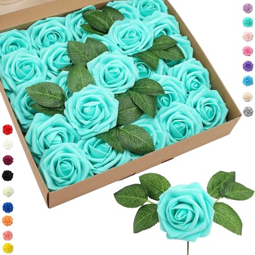 25 rose finte azzurro chiaro, fiori artificiali in schiuma effetto reale al tatto con stelo per decorazioni matrimoniali, addio al nubilato, artigianato, casa, baby shower, decorazioni di San