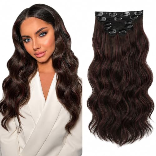 Image of Salon-Grade BROWN with MAROON HIGHLIGHTS Curly /Wavy Clip-in Extensions - 6PCS Synthetic Hair Volumizer with 13 Secure Clips for Instant Volume & Realistic Blend