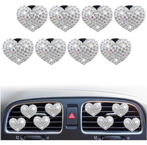 Image of 8Pcs Silver Bling Heart Air Vent Clips, Crystal Heart Air Fresheners Vent Clips Car Diffuser Vent Clip Rhinestone Car Decoration Car Interior Decor Cute Car Accessories for Women，Interior Accessories