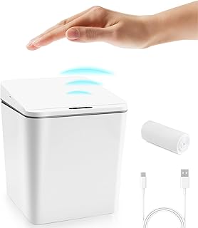 Automatic Small Countertop Trash Can, Rechargeable Mini Desktop Waste Bin with Lid for Office Desk/Bedside Table/Coffee Bar, White-1.5 Gal