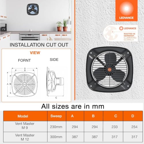 Image of LEDVANCE Metal Exhaust Fan 225mm (9 Inch) High-Efficiency Motor| for Kitchen Bathroom & Washroom| High Speed Air Suction| Rust Proof Metal Body & Blades| Low Power Consumption| 2 Year Warranty