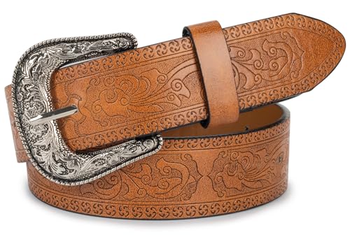 Vintage-Western-Belts with Carved-Buckle for Women,Adjustable Embossed-Floral Cowboy-Cowgirl-Belt Fit 28-38''Waist