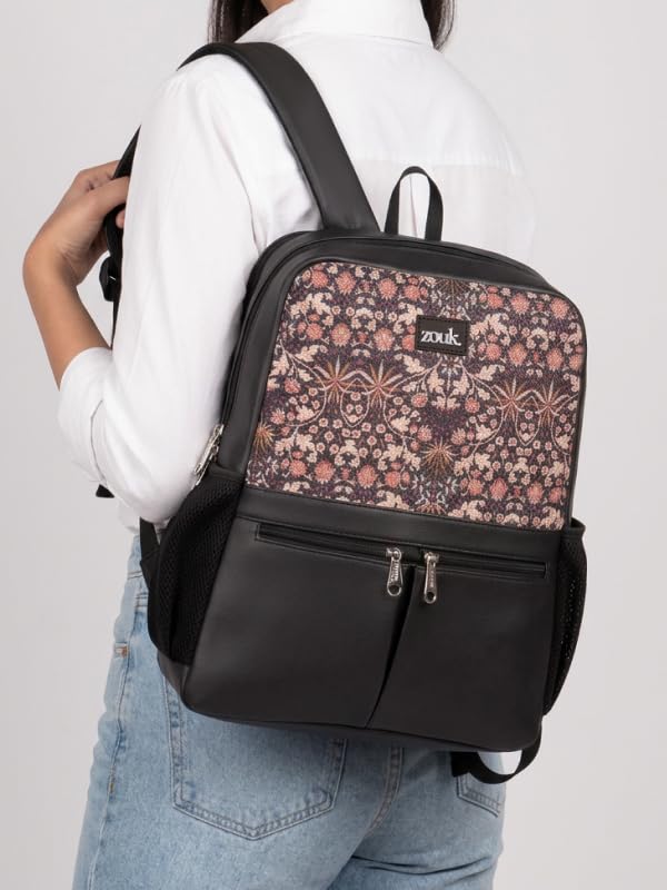 Image of ZOUK Women's Office Backpack | Vegan Leather & Handicraft Fabric | PeTA Approved | 15.6 Inch Laptop Compartment | Dual Zipper Pockets | Water Resistant | Trolley Passthrough | 17.5L