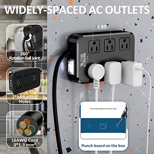 Outdoor Power Strip Weatherproof, Waterproof Surge Protector with 6 Wide Outlet with 3 USB Ports, 6FT Long Extension Cord,1875W Overload Protection，Outlet Extender for Christmas Li image 5