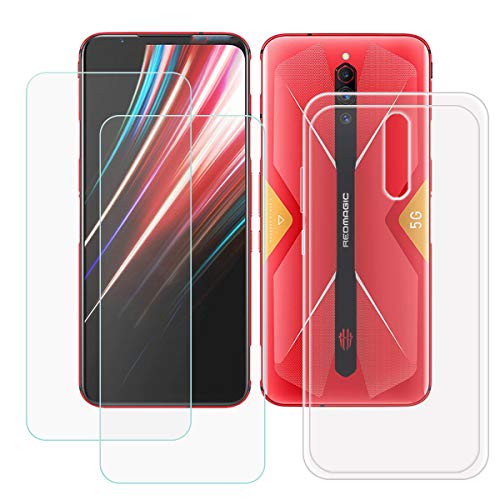 DQG Funda para ZTE Nubia Red Magic 5S + 2 Piezas Vidrio Protector de Pantalla Cristal Templado Film, Transparente Suave TPU Silicona Cover Carcasa Caso Case para (6.65')