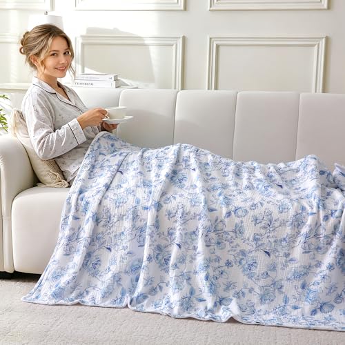 Muslin Blankets for Adults Reversible Throw Fleece & Gauze, Soft Cozy Lightweight Breathable Blue Floral Blanket for Bed Couch, Double Layer Muslin Throw Cover 50"x70" - image 2