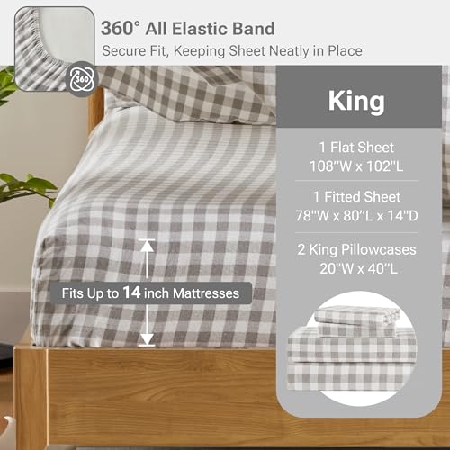 Image of Sleep Philosophy True North 100% Cotton Flannel Sheets King Size, Cozy Flannel Sheet Set Brushed for Extra Softness, Heavyweight Novelty Print Warm Flannel Bedding Set, Gray Herringbone Check4 Piece