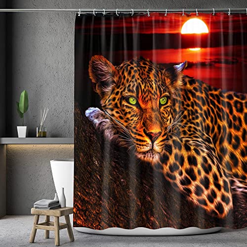 Leopard Cheetah 4Pcs Shower Curtain Set - Waterproof African Bathroom Decor Accessories (1 Animal Print Curtain & 3 Rugs) - Easy Install W/12 Grommets & Hooks, Non-Skid, Safe #TOP1