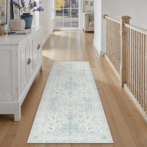 HUGEAR 2x6 Runner Rug Hallway Vintage Blue Machine Washable Neutral Floral Low Pile Carpet Vacuumable Thin Long Throw Rug Bedroom Office Bathroom Kitc