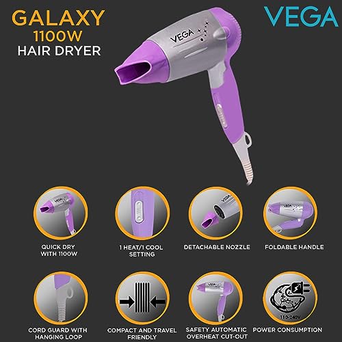 Image of VEGA Galaxy 1100 Watts Foldable Hair Dryer With Heat & Cool Setting And Detachable Nozzle (VHDH-06), Color May Vary