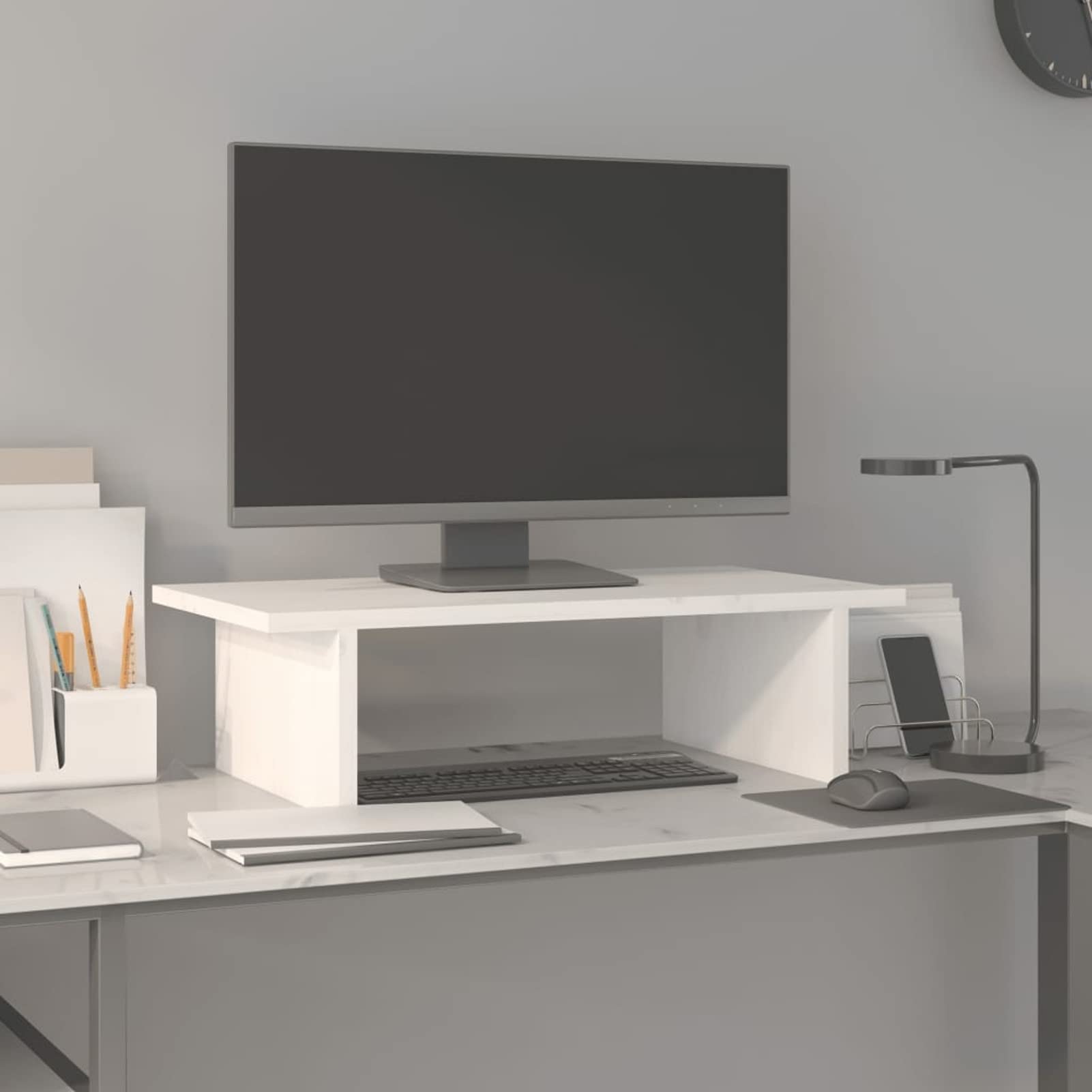 Homgoday Supporto per monitor bianco 50 x 27 x 15 cm in legno massello di pino, supporto da scrivania per monitor e laptop