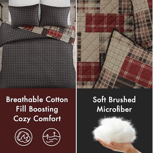 Image of Madison Park Queen Quilt Set Patchwork Farmhouse, Diamond Quilting Reversible Coverlet Set for Queen Size Bed, Plush Cotton Filled Quilt Set Queen Size, Shams Full /Queen Red /Black 3 Piece