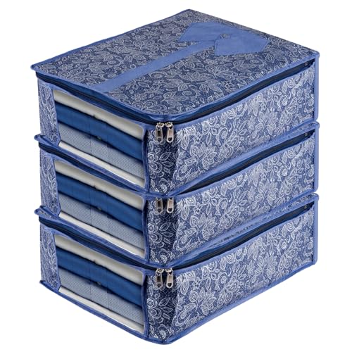 Image of Kuber Industries Pack of 3 Shirt Storage Bag | Shirt Organizer for Closet | Visible Window Shirt Bag | Wardrobe Storage Bag | Clothes Storage Bag | Flower Printed Shirt Cover | Navy Blue
