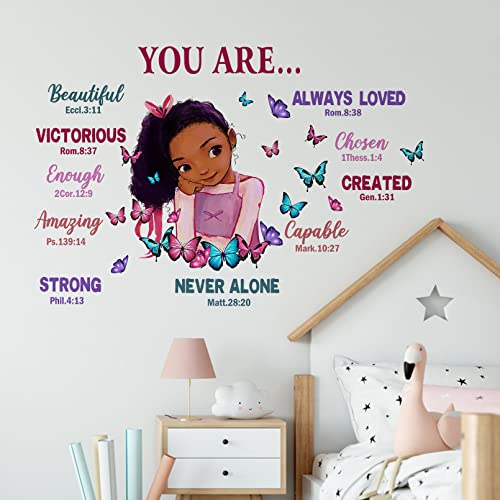 Yovkky Black Girl Religious Butterfly Wall Decal Sticker, Positive Saying African American You Are Beautiful Nursery Decor, Inspirational Home Afro Kid Room Decoration Bedroom Playroom Art Gift #TOP4
