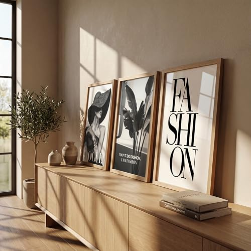 Image of NoWorries Modern Fashion Wall Art Frame Paintings 300 GSM Premium Prints | Vogue Lady Art, Botanical Print & Typography Frames | Stylish Home Decor for Living Room, Office & Bedroom | Synthetic Wooden Finish Wall Art Frames (Set of-3) (NATURAL, ART-6, 10X13INCHES)