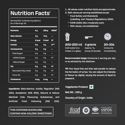 Image of Nutrabay Gold Beta Alanine Supplement Powder 120g, Cola Flavor - Pre Workout Amino Acid for Endurance & Fatigue Reduction