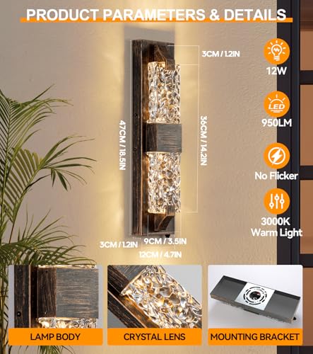 Image of Outdoor Porch Light, 18.5 inch Rustic LED Dusk to Dawn Wall Sconce Light | Rustic Wood-Grain,Crystal Glass Shade, IP65 Waterproof,12W 3000K Hardwired, Rust-resistant for Entryway /Garage /Patio /Doorway.